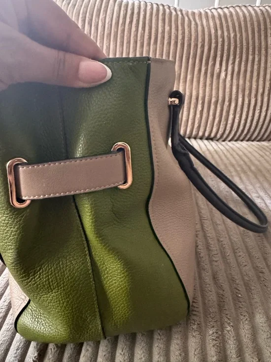 Coach Colorblock Taupe, Navy, and Lime Leather Satchel with Gold Hardware - Picture 3 of 7